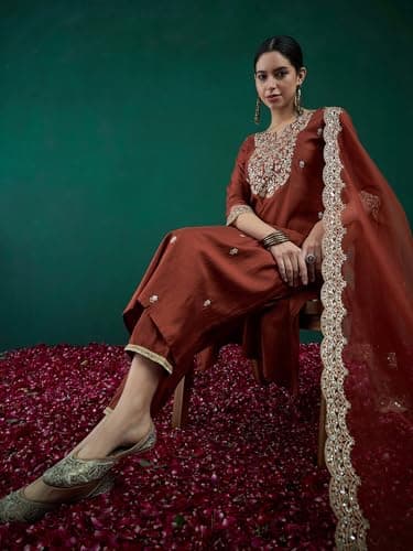 INDO ERA Women's Rayon Viscose Embroidered Straight Kurta & Pant with Dupatta Set (Rust_KH1RT9579_Large) 2