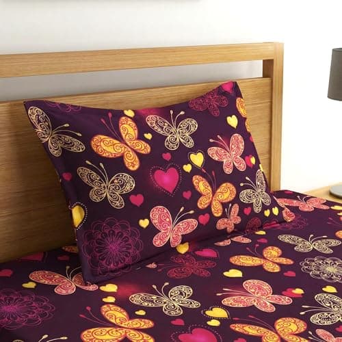 Fashion String Microfibre 144TC Maroon Butterfly & Heart Print Single Bedsheet with 1 Pillow Cover 3