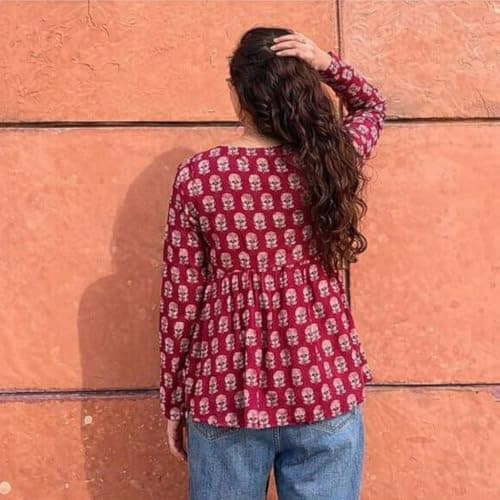 PD CLORI Women's Block Print Peplum Top, V-Neck, Full Sleeves, Floral Print, Casual Wear (in, Alpha, M, Regular, Red) 4