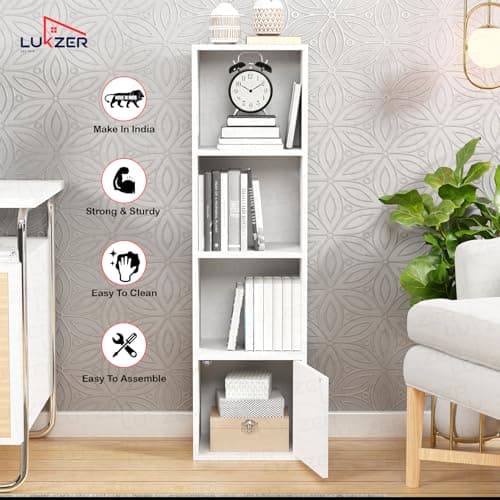 Lukzer 4 Layer Wooden Book Rack/Shelf/Stand | Multipurpose Storage Cabinet & Bookshelf with Open & Enclosed Shelves | Compact Organizer for Bedroom, Kitchen, Living Room & Office (MR-023/White) 3