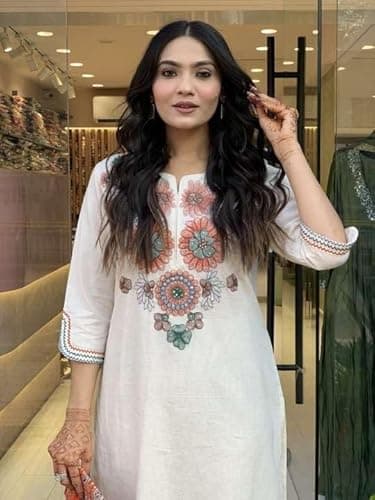 Women's Pure Cotton Embroidery Co-Ord Set | White Floral Coo-rd Set for Women | Cotton Kurti Pants Set Size -XL 4