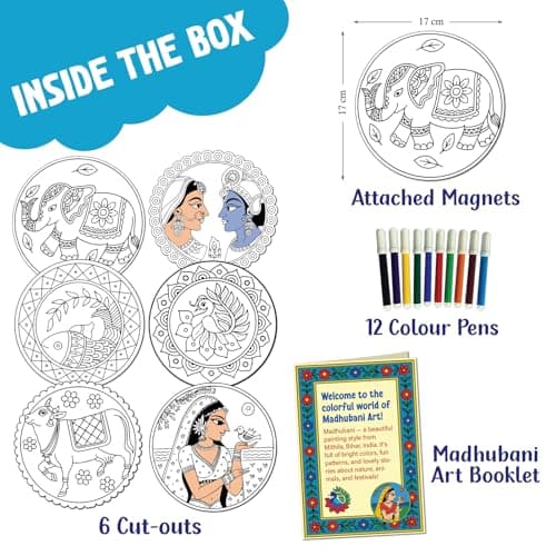SparkLPlay DIY Madhubani Art Kit for Kids. Coloring Set with - 6 Magnetic Cutouts, 12Color Pens & Booklet. Creative Art & Craft. Mess Free. Gifts for Kids. 2