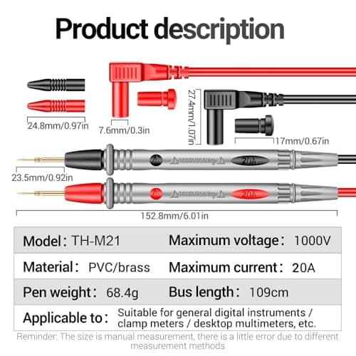 Themisto TH-M21 20A 1000V Copper Corded Test Leads for Multimeter | CAT III | 110 cm Cord | Professional Electric test Probes 2