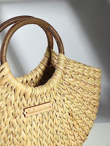 Habere India-All the Cultures Fabricating India Straw Tote, Small Basket, Bamboo Beach Bag for Women, Boho Kauna Handbag, Half Moon - Contemporary, Beige 3