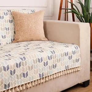 STITCHNEST Quilted Velvet Sofa Cover with Tassels – 70x60 Inch, Beige & Blue Chevron Pattern, Soft & Premium, Washable Sofa Protector for 3-Seater
