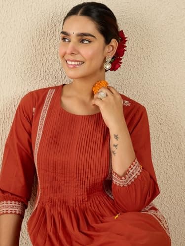 INDO ERA Women Rust Pure Cotton Co-Ord Set | Kurta Pant Set for Casual Wear,IESTR11561M | Co Ord Set For Women Stylish | 2