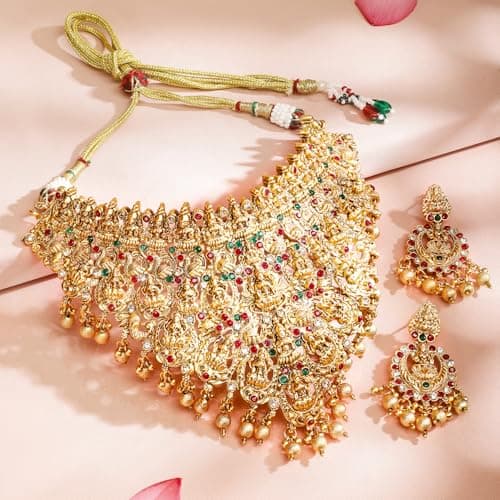 Rubans 22K Gold-Plated Red, Green & White Stone Lakshmi Motif Heavy Temple Jewellery Set for Women & Girls | Traditional Bridal Necklace Set | Brass Material 4