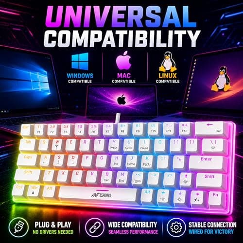 Ant Esports MK1200 Mini 60% Wired Mechanical Gaming Keyboard – Red Switch, Rainbow Backlit, 61 Keys, Anti-Ghosting, USB, Compact TKL – Compatible with Windows, macOS, PS5, Xbox, Laptop & PC (White) 2