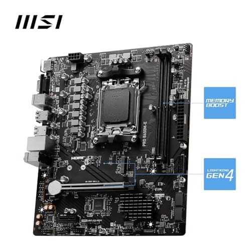 MSI PRO B650M-E Motherboard, Micro-ATX - Supports AMD Ryzen 9000/8000/7000 Series Processors, AM5 - DDR5 Memory Boost 6800+MHz/OC, 1 x PCIe 4.0 x16, 1 x M.2 Gen4 3