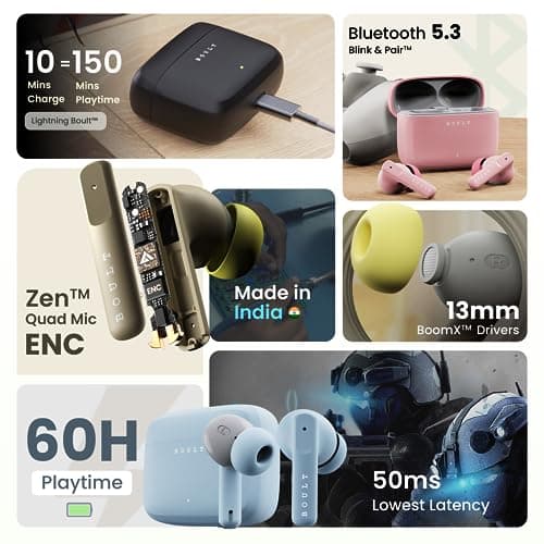 GOBOULT Z60 Made in India Ear Buds Wireless 60H Playtime, 4 ENC Mics Clear Calling, 50ms Low Latency Gaming, 13mm Bass Driver Earbuds Bluetooth Wireless Earphones (Powder Blue) 2