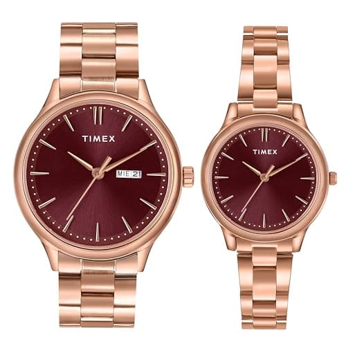 TIMEX Analog Watch for Couple with Burgundy Round Dial & Rose Gold Stainless Steel Bracelet Band Water Resistant Pair's Wrist Watches - TW00ZP005