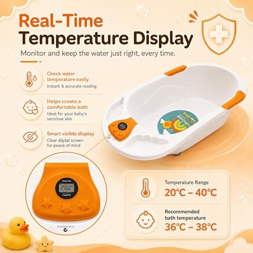 StarAndDaisy Baby Bath Tub for 0 to 5 Years with Temperature Sensing Meter & Anti-Skid Legs/Baby Bathing Tub for Newborn & Toddlers/Kids Bath Tub- White-Orange 3