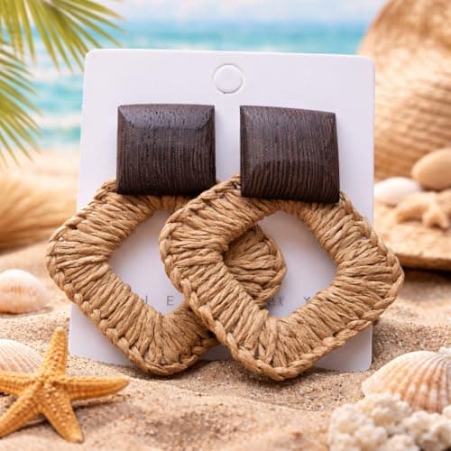 Detroja Wooden Square & Raffia Diamond Dangle Earrings 5