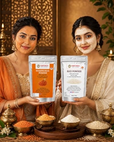 Pure India Handmade Rice Powder & Masoor Dal Powder Combo (100g + 100g) | Natural Ubtan for Face Pack | Skin Brightening, Tan Removal, Exfoliation & Glowing Skin | DIY Face Mask | Total 200g 3
