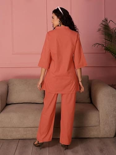 TITTLI Women Pure Cotton Co-Ord Set | Straight Tunic & Trouser Set | Mandarin Collar 3/4 Sleeve and elasticed Waistband Casual Two Piece Outfit | M | L | XL | XXL Peach 3