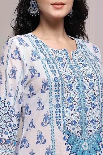 Biba Women Blue Cotton Straight Suit Set_34 3