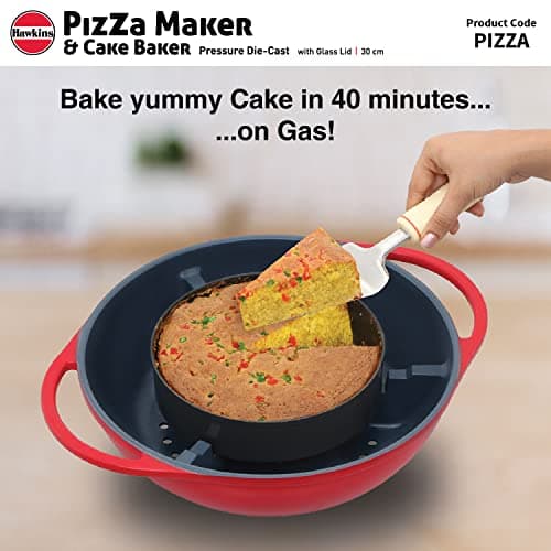 Hawkins Diecast 30 cm Nonstick Pizza Maker and Cake Baker with Glass Lid, Gas Oven, Pizza Oven Toaster Griller Tandoor Barbecue, Cake Baking Pan, Red (PIZZA) 3