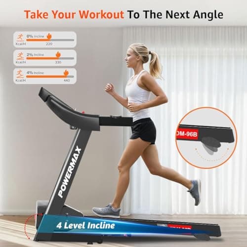 PowerMax Fitness TDM-96B 4HP DC Treadmill for Home | 110KG Max User Running Machine | 14km/hr Top Speed, 4-Level Manual Incline | Bluetooth for app, Speaker, Mp3 | Foldable Cardio Machine, LED Display 5
