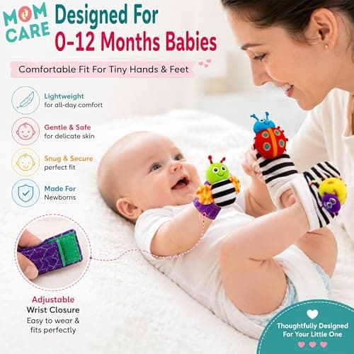 MOM CARE Wrist Rattle & Foot Finder Socks for Newborn Babies 0-12 Months | Soft Sensory Development Toy Set for Infants | Black White High Contrast Baby Toys | 4 Pcs- 1 Set 5