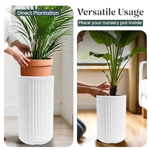 YUCCABEE Italia Fox B KIA Tall Floor Planter 24 Inch Premium German Polymer Indoor Outdoor Plant Pot Raised Base Lightweight UV Protected Modern Round Planter White 3