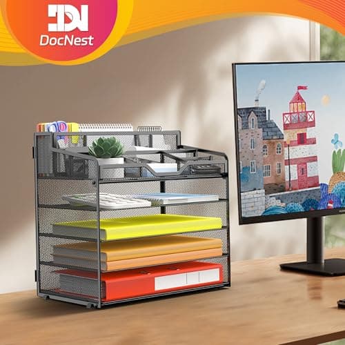 Docnest 5 Tier Mesh Desk Organizer for Paper Office Supplies – Multi-Functional Letter Tray with 5 Adjustable Compartments, 3 Pen Holders, Desktop Storage for Files, Mail, Stationery – Black 6