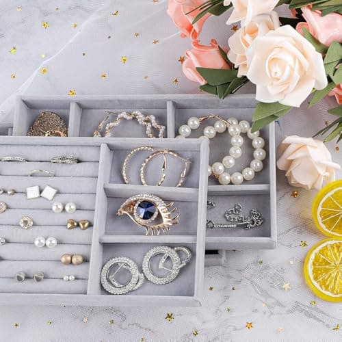 XERMI 4 Jewellery Trays Velvet Jewellery Organiser Drawer Removable Jewellery Storage Stackable Drawer Insert for Women Girls Ring Display Organiser Jewellery Box Jewellery Box (Grey) 3
