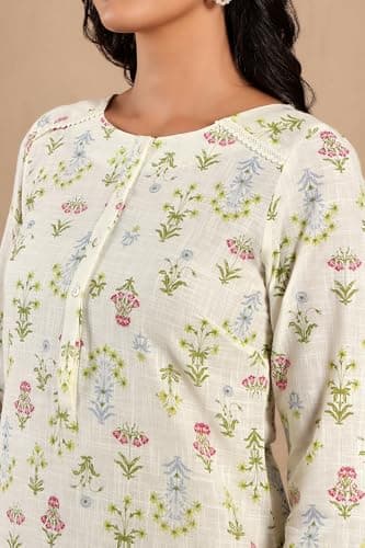 W Ecru Floral Printed Lace Cotton Kurta and Pant Set for Women 3