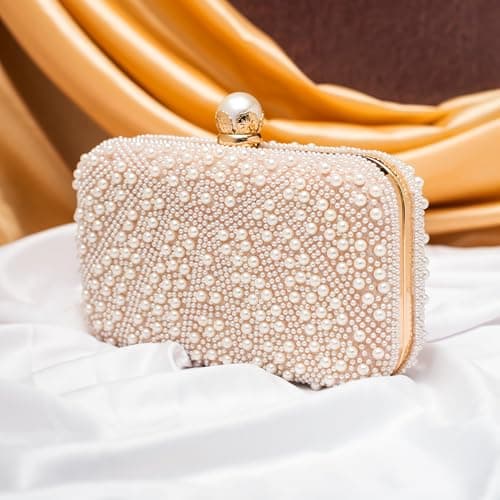 Artklim Ivory Pearl Beaded Bridal Clutch for Women - Elegant Wedding & Party Evening Purse with Detachable Chain Strap - Beaded & Embellished Handbag for Festive and Bridal Wear 4