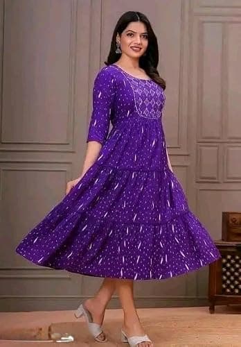 Women's Anarkali Kurti, Floral Printed Pink Tiered Gown with Embroidered Yoke, 3/4 Sleeves (in, Alpha, 2XL, Purple-Kurta) 3