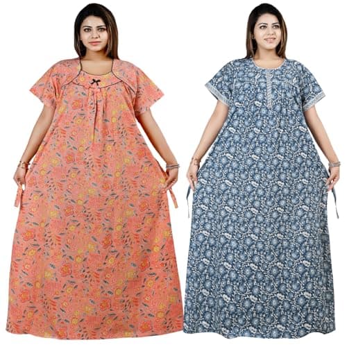 Bejod's Collection Women Pure Cotton Nighty Combo Pack of 2 | Floral Printed Full Length Cotton Nighty Maxi | Soft Breathable Night Gown for Women | Nightwear Dress L to XXL (Peach & Grey, XL)