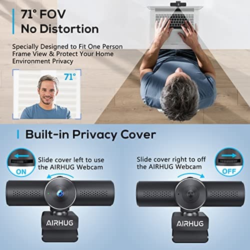 AIRHUG 2K Webcam with Microphones, USB Web Cam for Computer and Laptop Plug & Play, Web Camera with Privacy Cover, 71°,for Streaming and Conferencing 4