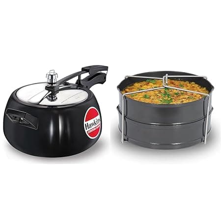 Hawkins 5 Litre Contura Black Pressure Cooker and Separator Set, Hard Anodised Cooker with 2 Dish Separators (CB50 + ADS5)