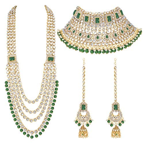 I Jewels Green Gold-plated Traditional Ethnic Indian Kundan Bridal Long and Short Necklace, Earrings, Hath Panja, Matha Patti, Nose Pin and Paso Set for Women 2