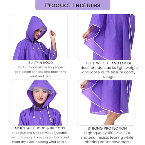 Allextreme EVA Raincoat Poncho 160 GSM with Adjustable Hood Full Sleeves Knee Length Ladies Universal Size Water Resistant Outdoor Rainwear for Bike Riders Women (Pack of 1, Purple) 4