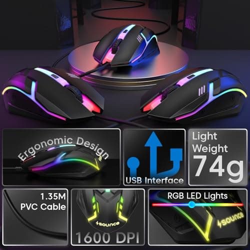 Sounce Nitro Wired Gaming USB Mouse 800/1200/1600 DPI Optical Sensor, 4-Level Adjustable DPI, RGB Lighting, Smooth Tracking, Ergonomic Grip, Plug & Play for Laptop & PC (Black) 2