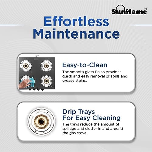 Sunflame Diamond 4 Burner Gas Stove | 2 Medium and 2 Small Brass Burners | 2-Years Product Coverage by Sunflame | Ergonomic Knobs | Toughened Glass Top | Easy to Maintain| PAN India Support 5