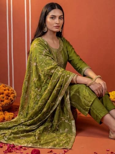 INDO ERA Women's White Pure Cotton Floral Printed Flared Fusion Kurta & Pant with Dupatta Set 2