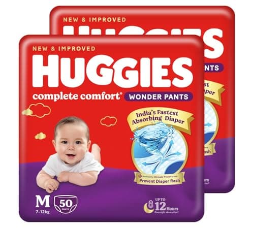 Huggies Complete Comfort Wonder Pants | Pant Style Baby Diapers Medium Size (M), 100 Count | India's Fastest Absorbing Diaper, Prevents Diaper Rash, Ideal for 7 to 12 Kgs (50 Count, Pack of 2)