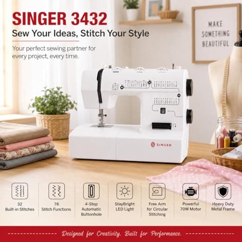 SINGER 3432 Sewing Machine | 32 Built-in Stitches, 76 Stitch Functions | Adjustable Stitch Length & Width (5mm) | 4-Step Buttonhole | Heavy Duty Metal Frame | LED Light | 70W Motor 2