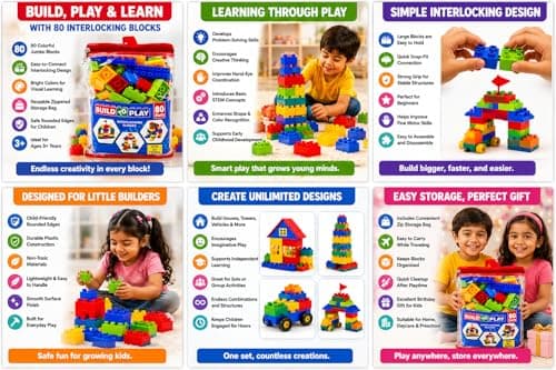 Negi Build to Play Interlocking Blocks Set – 80 Pieces Large Building Blocks for Kids 3+ Years, Creative Construction Toy, Educational STEM Learning Bricks. 5
