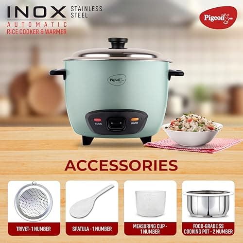 Pigeon Inox Rice Cooker with Double pot, 1.8 litres | Stainless Steel Lid | 700 Watts | 2 Steel Cooking Pot | Measuring Cup | Spatula | Energy Efficient Cooking 4