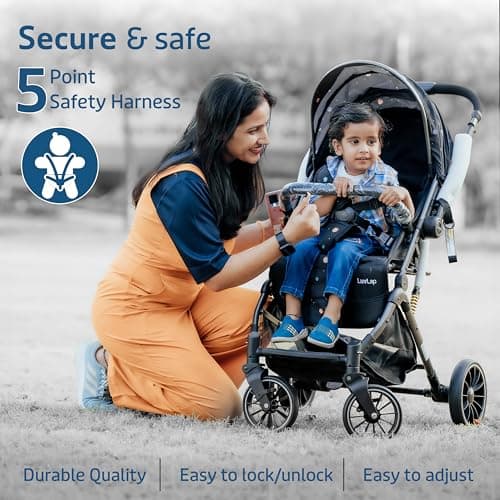 LuvLap Alpha Baby Stroller/Pram, One Fold, Travel Friendly, 5 Point Safety Harness, Reversible Handle bar, Multilevel Recline & Adjustable footrest, Extendable Canopy, for Babies 0-3 Years (Blue) 6