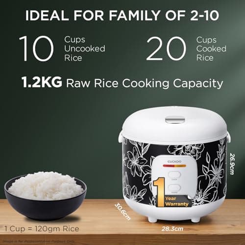 CUCKOO Electric Rice Cooker | 1.8 Ltr 10 Cups 1.2 Kg Raw Rice Capacity Serves 2-10 People | 700 Watt | 5 Ltr Nonstick Pot | 8 Hour Keep Warm Function | Trusted Korean Brand | 1 Year Warranty |CR-1005 3