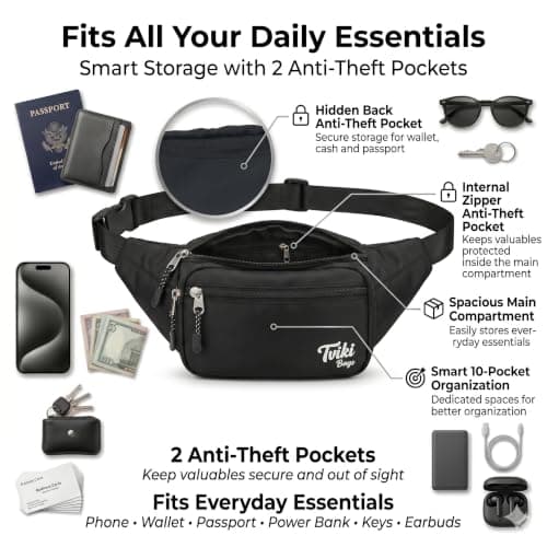 Tviki Bags - Fanny Pack/Waist Bag for Man/Waist Bag for Woman - Polyester Water Resistant Belt Bag with 10 Pockets, Adjustable Strap 32 to 46 inches for Daily Use 2