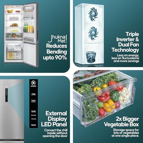 Haier 325 L 3 Star Frost Free Bottom Mount Double Door Refrigerator|Convertible 14-in-1|Jhukna Mat-Bottom Freezer|Digital Display Panel|Triple Inverter|Twist Ice Maker (HEB-333DS-P, Dazzle Steel) 3