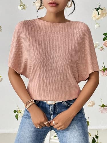 Zilcon Women Fashion Fall Batwing Half Sleeve Shirts Boat Neck Oversized Tunic Tops Casual Waffle Knit Shirts Tops for Women (in, Alpha, XL, Regular, Dusty Pink) 6