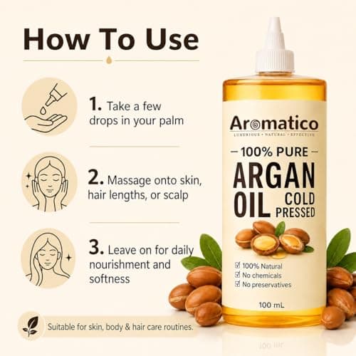 AROMATICO 100% Pure Cold Pressed Argan Oil for Hair – Frizz Control, Smooth & Shiny Hair Care Oil, Lightweight Non Sticky Formula for Daily Use, Natural Multipurpose Beauty Oil – 100 ml 5