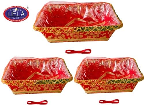 LIELA Decorative Gift Basket, Red with Gold Floral Design, Square, 20x30 cm, Set of 6 for Diwali, Rakhi, Wedding, Navratri, pooja etc. pack variety of items and make premium gift hamper 3