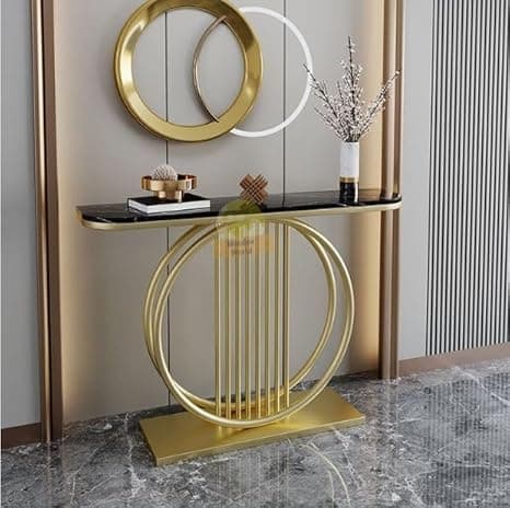 Wooden World Modern Console Table with Metal Frame & Engineered Wood Marble Look Top – Stylish Entryway Table for Living Room Hallway Bedroom and Room Decor Office etc. (Black)