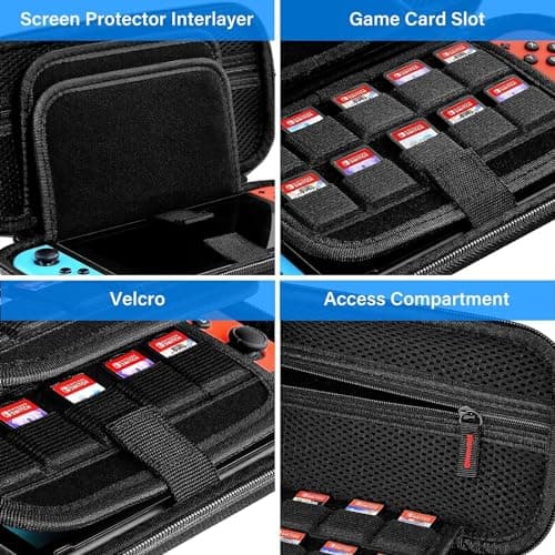 VERTUS® Carrying Travel Pouch Case Cover for Nintendo Switch 2017 / Nintendo Switch OLED 2021, with 20 Games Cartridges Protective Hard Shell for Nintendo Console (Black) (Console is not Included) 4